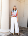 Stretch High Rise Pin Tuck Detail Wide Leg Jean - White