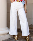 Stretch High Rise Pin Tuck Detail Wide Leg Jean - White