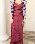 Polka Dot Lace Trim Midi Skirt - Burgundy