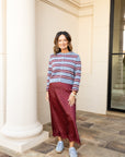Polka Dot Lace Trim Midi Skirt - Burgundy