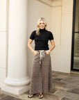 Washed Leopard Print Wide-Leg Drawstring Pants