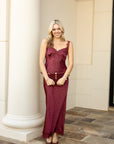 Polka Dot Lace Trim Midi Skirt - Burgundy