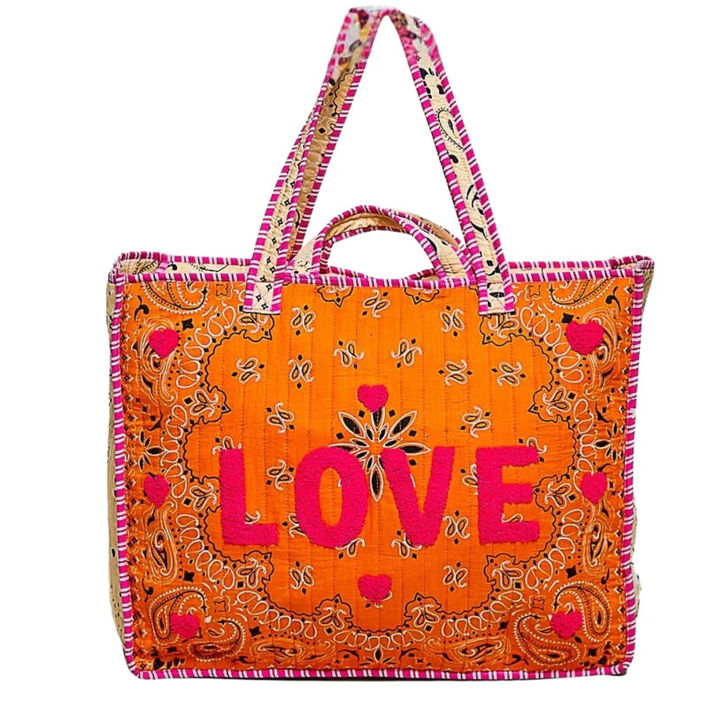 "LOVE" Bandana Quilted Tote Bag - Orange