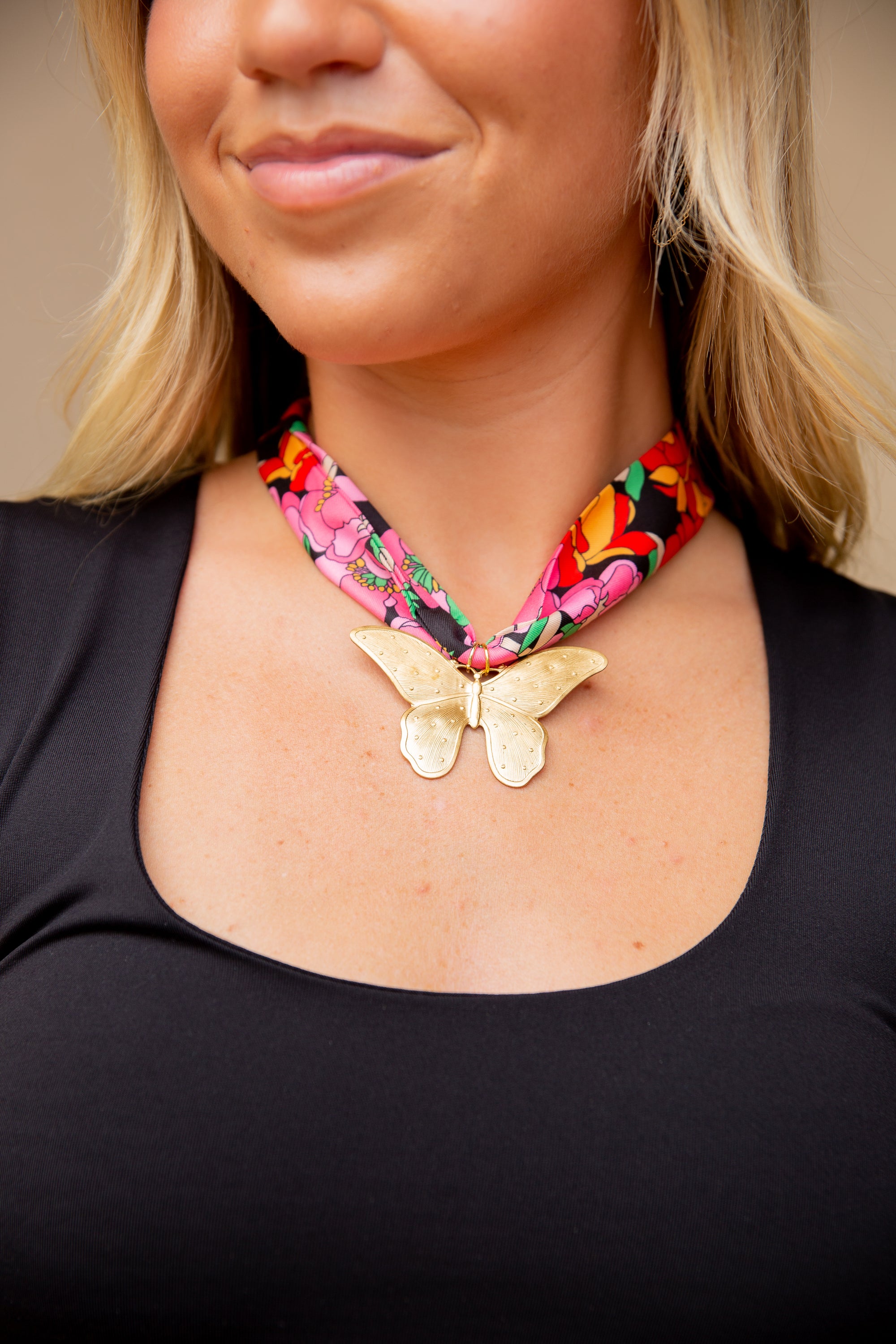 Black Floral Scarf Necklace - Gold Butterfly