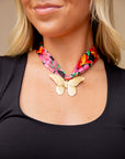 Black Floral Scarf Necklace - Gold Butterfly