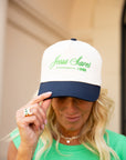 Jesus Saves, I Spend Vintage Trucker Hat - Navy