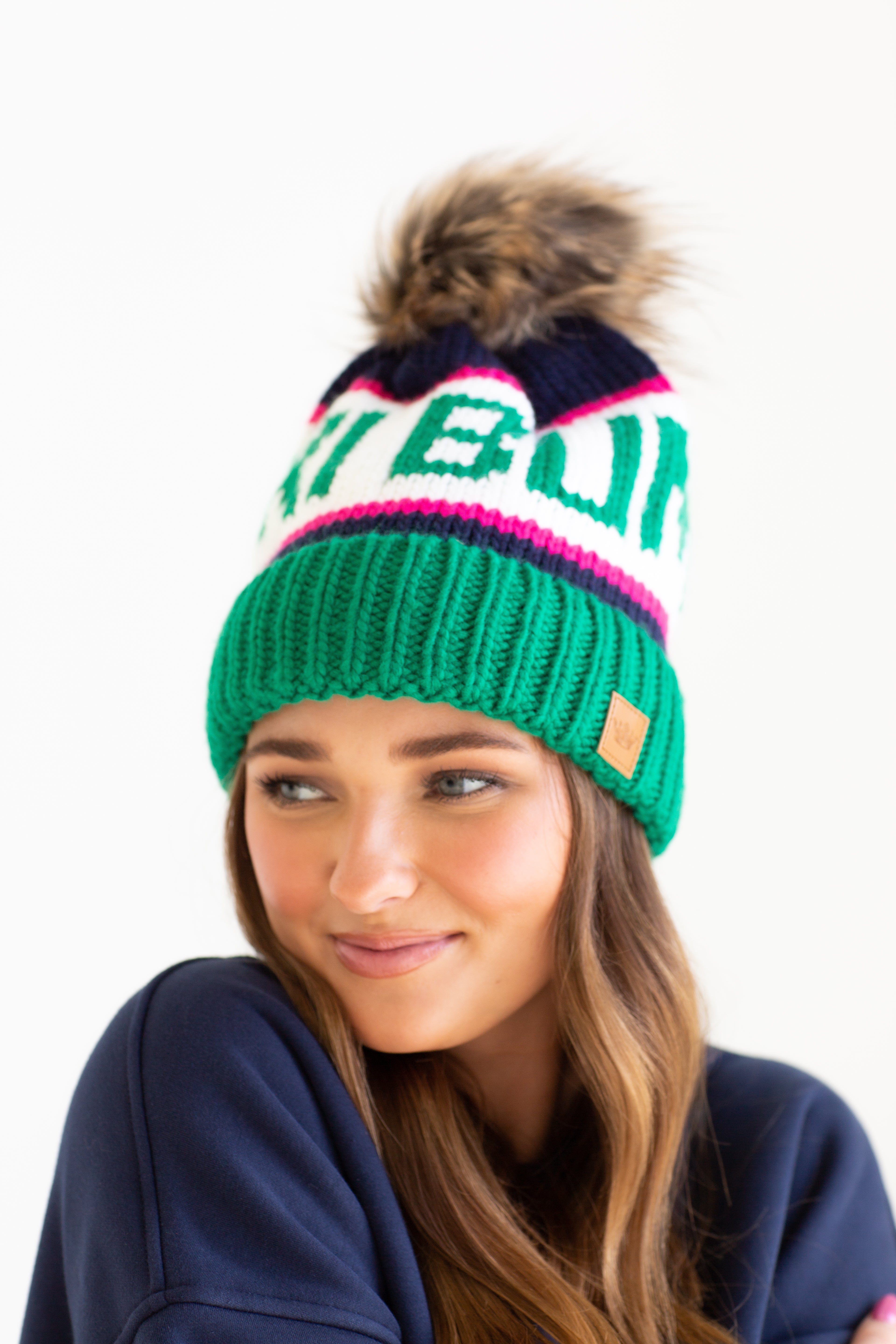 Ski Beanie Green Navy Pink JAR and Company