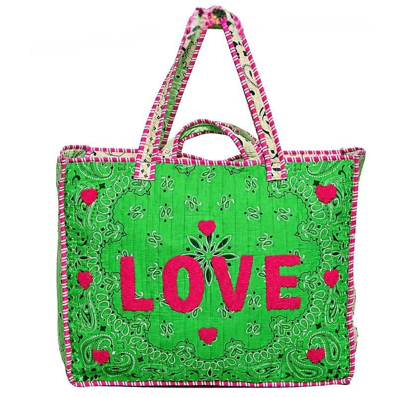 "LOVE" Bandana Quilted Tote Bag - Green