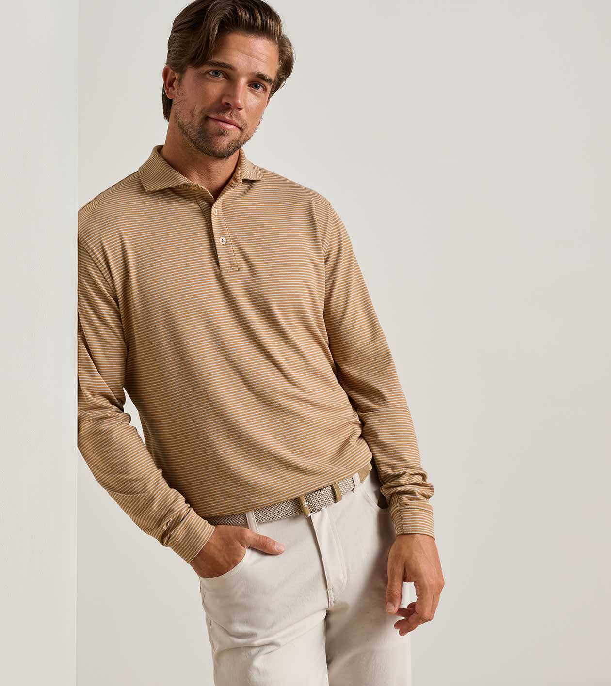 Peter Millar Lyons Stripe Performance Jersey Long-Sleeve Polo - Dark Amber