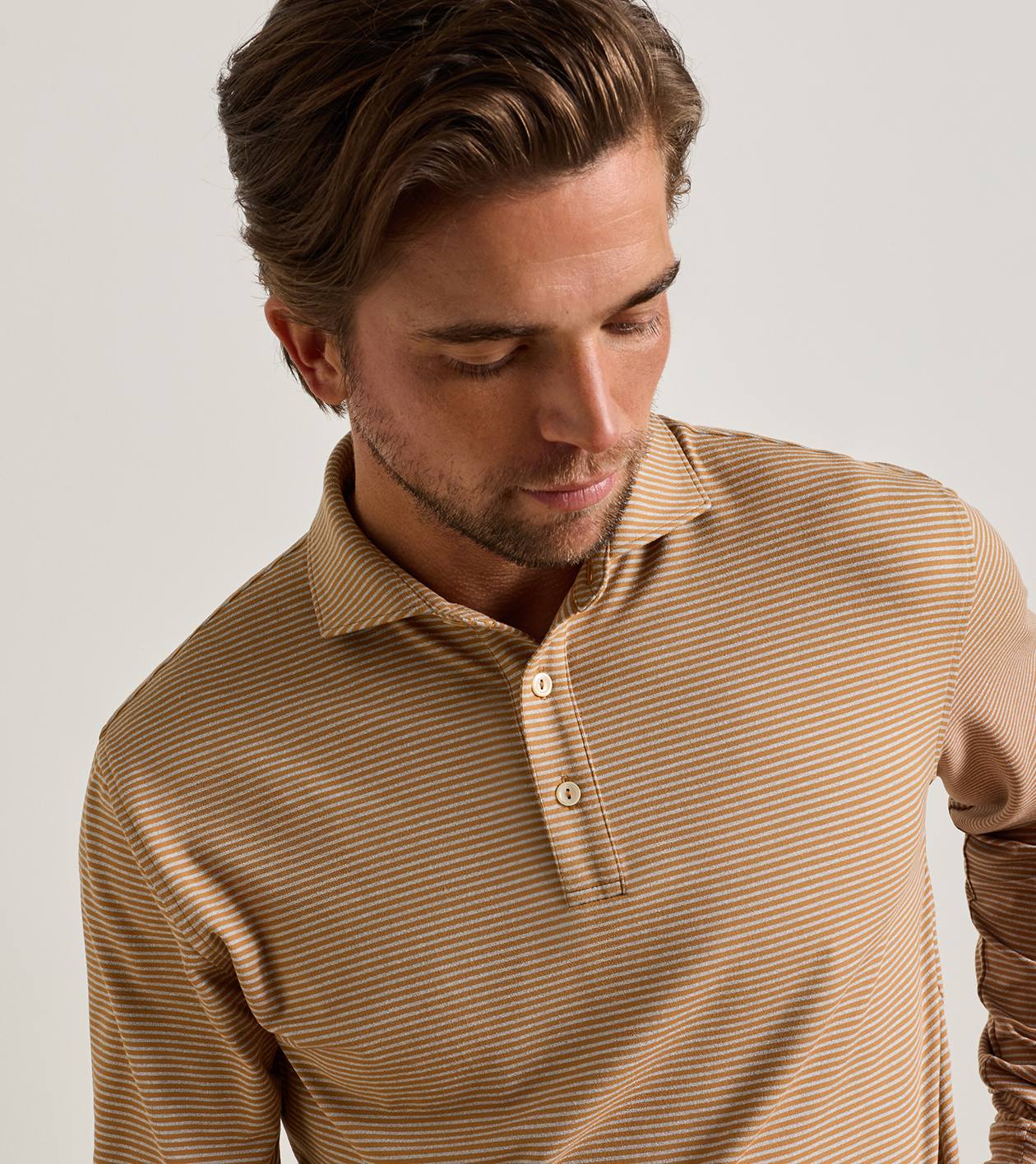 Peter Millar Lyons Stripe Performance Jersey Long-Sleeve Polo - Dark Amber