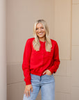 Red Contrast Piping Button Cardigan