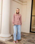 Ruffle Detail Button Down Stripe Top