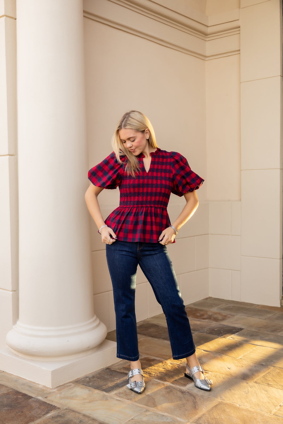 Plaid Smocked Top