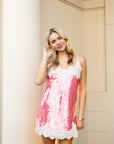 Pink Sequined Wide Lace Mini Dress