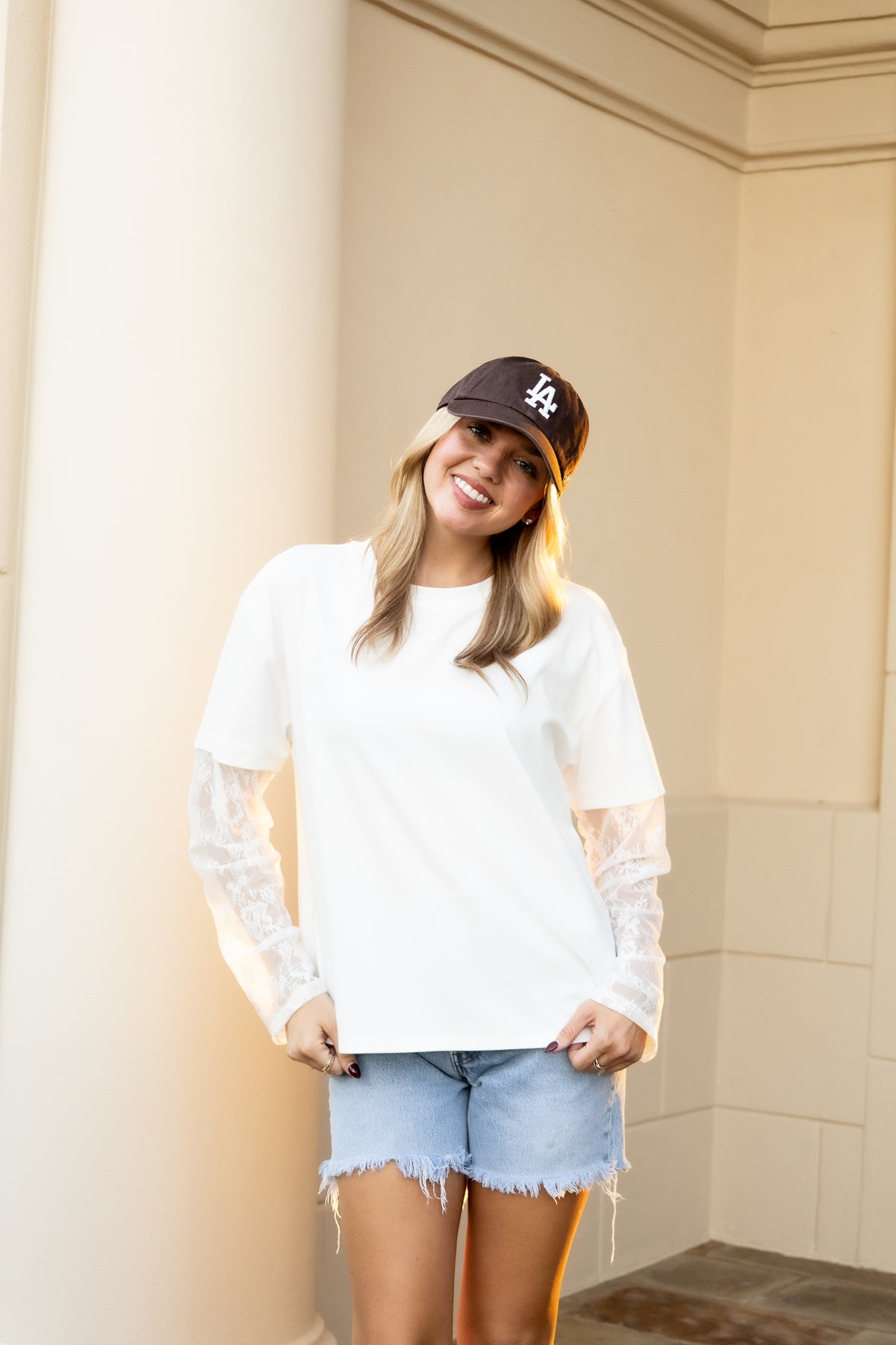Crew Neck Oversized Tee With Lace Sleeves