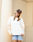 Crew Neck Oversized Tee With Lace Sleeves