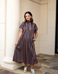 High Neck Stripe Midi Dress - Camel/Navy