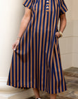 High Neck Stripe Midi Dress - Camel/Navy