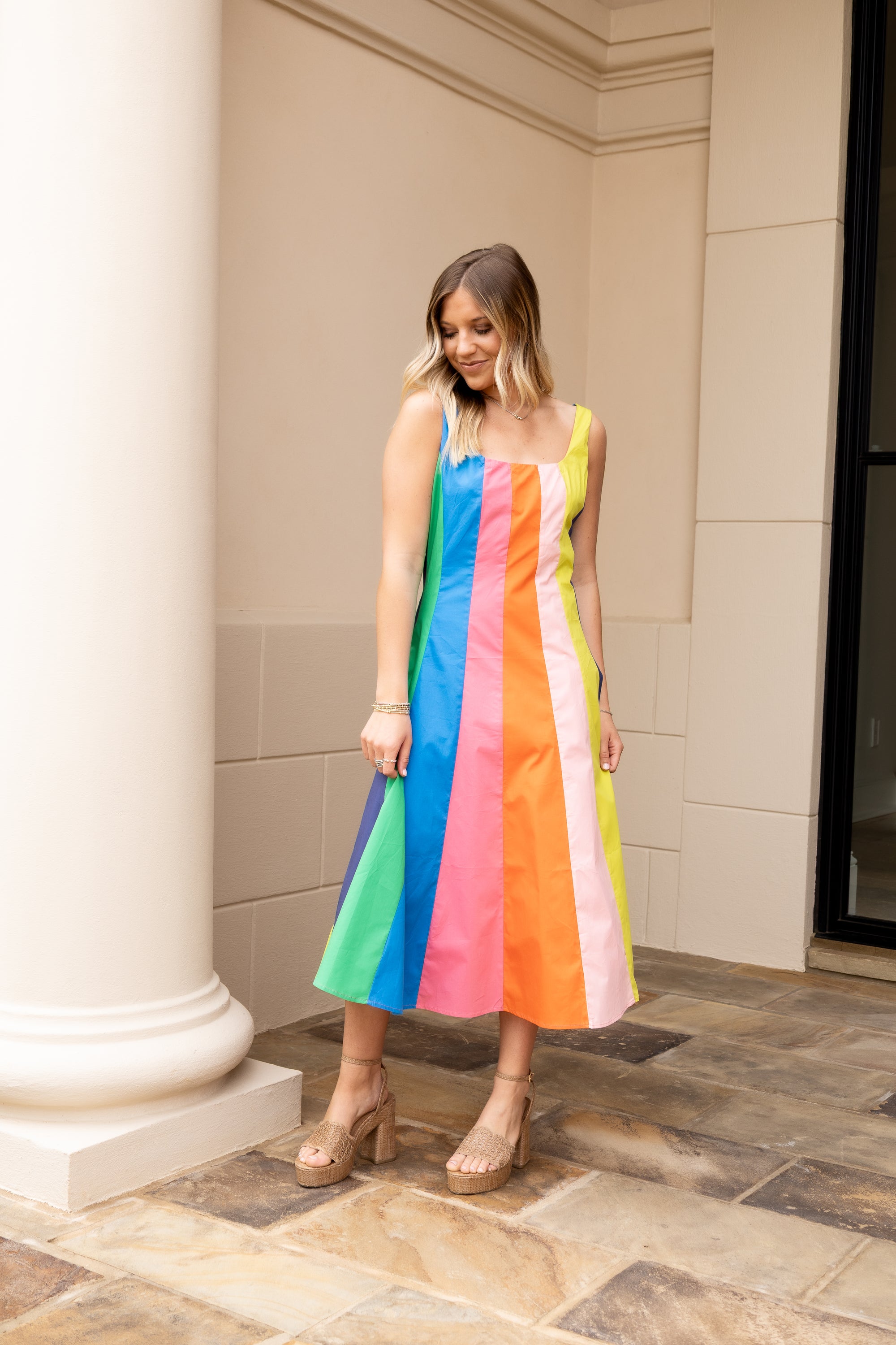 midi dress rainbow Rainbow Striped Cotton Midi Dress
