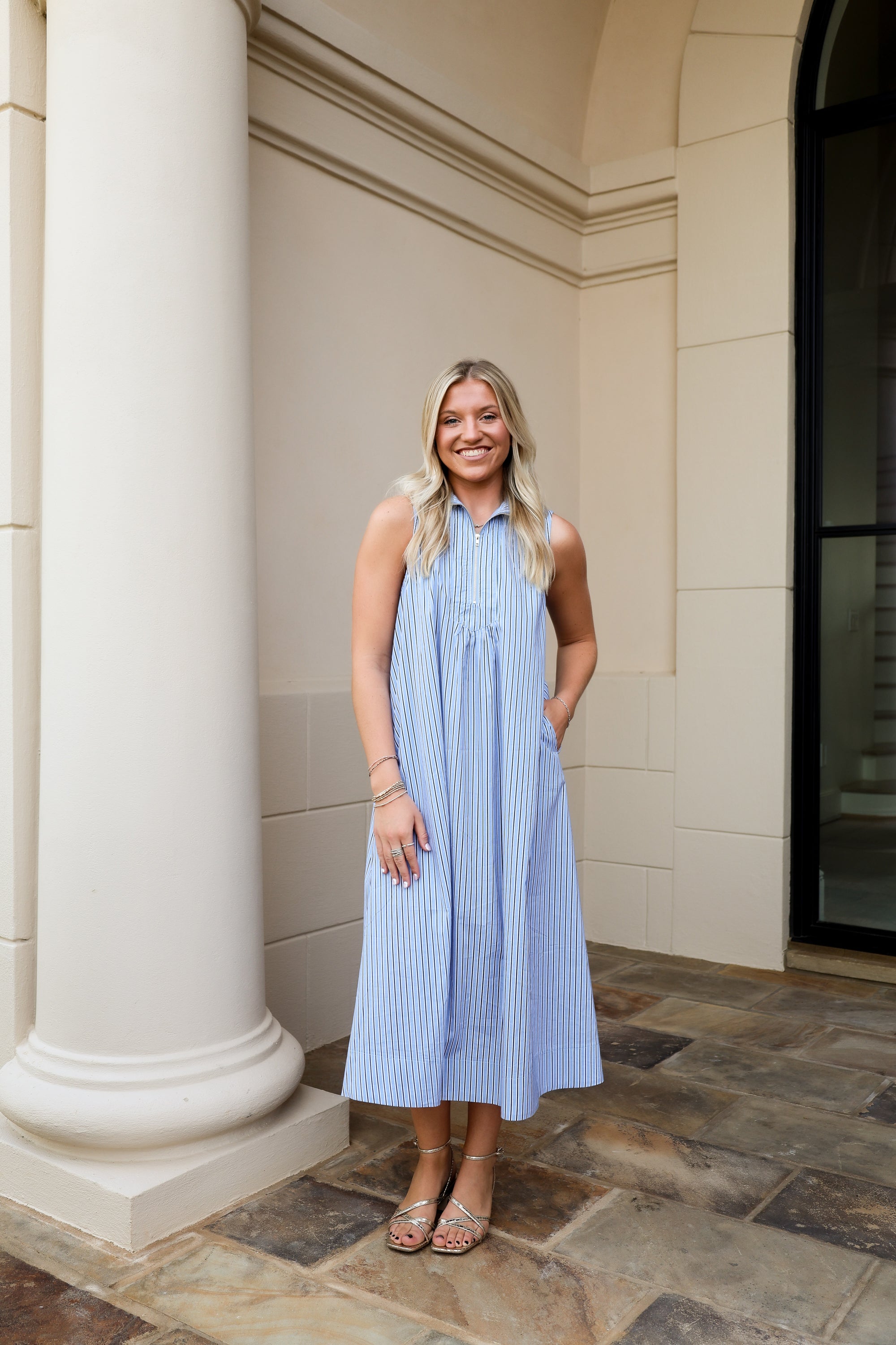 Half Zip Sleeveless A-line Midi Dress