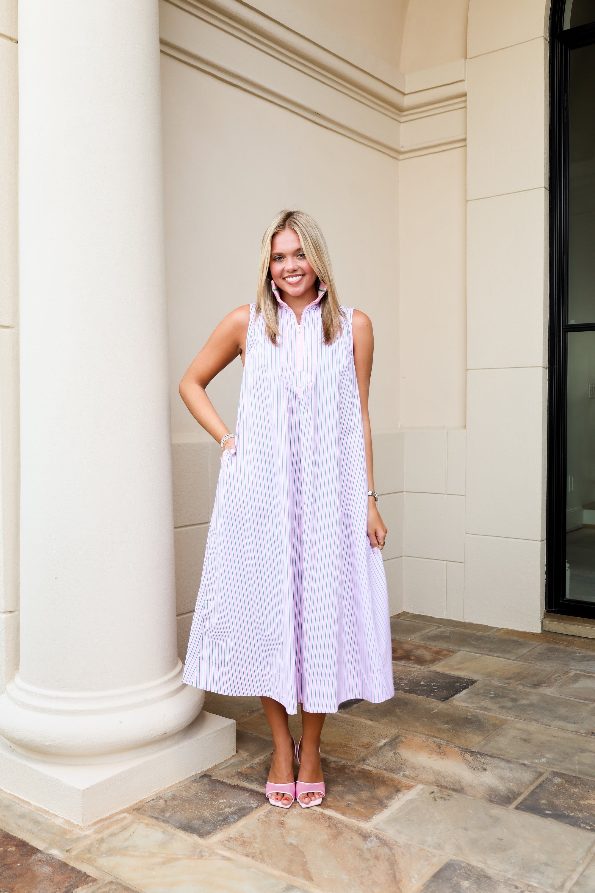 Half Zip Sleeveless A-line Midi Dress