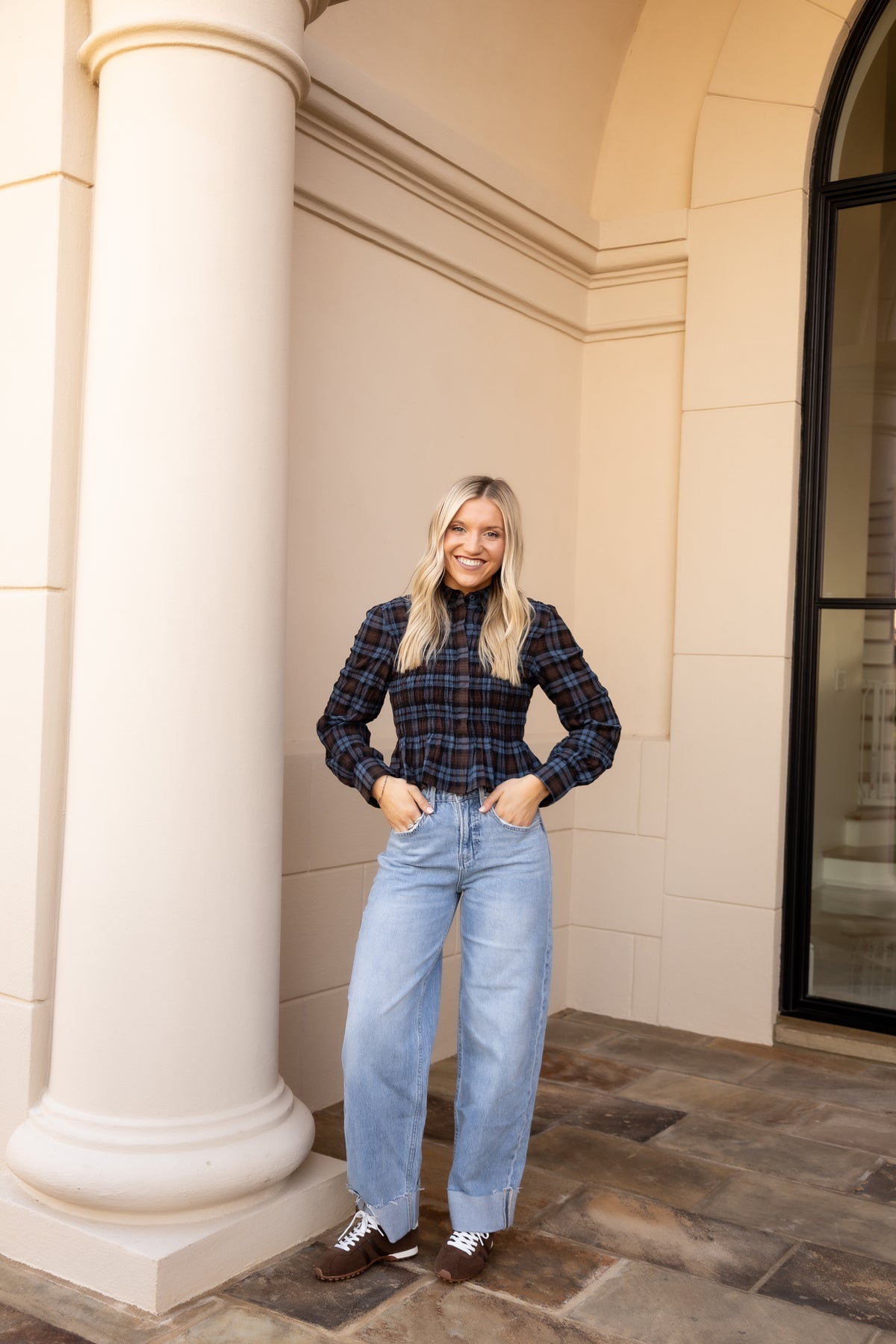 Nila Smocked Plaid Peplum Blouse