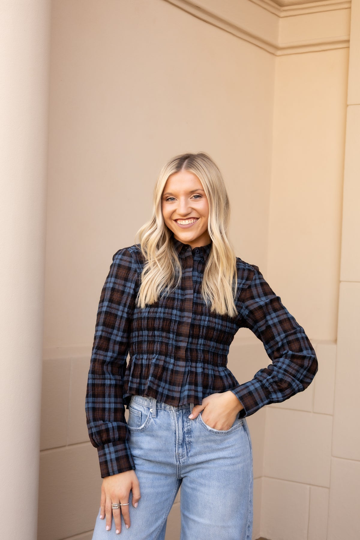 Nila Smocked Plaid Peplum Blouse