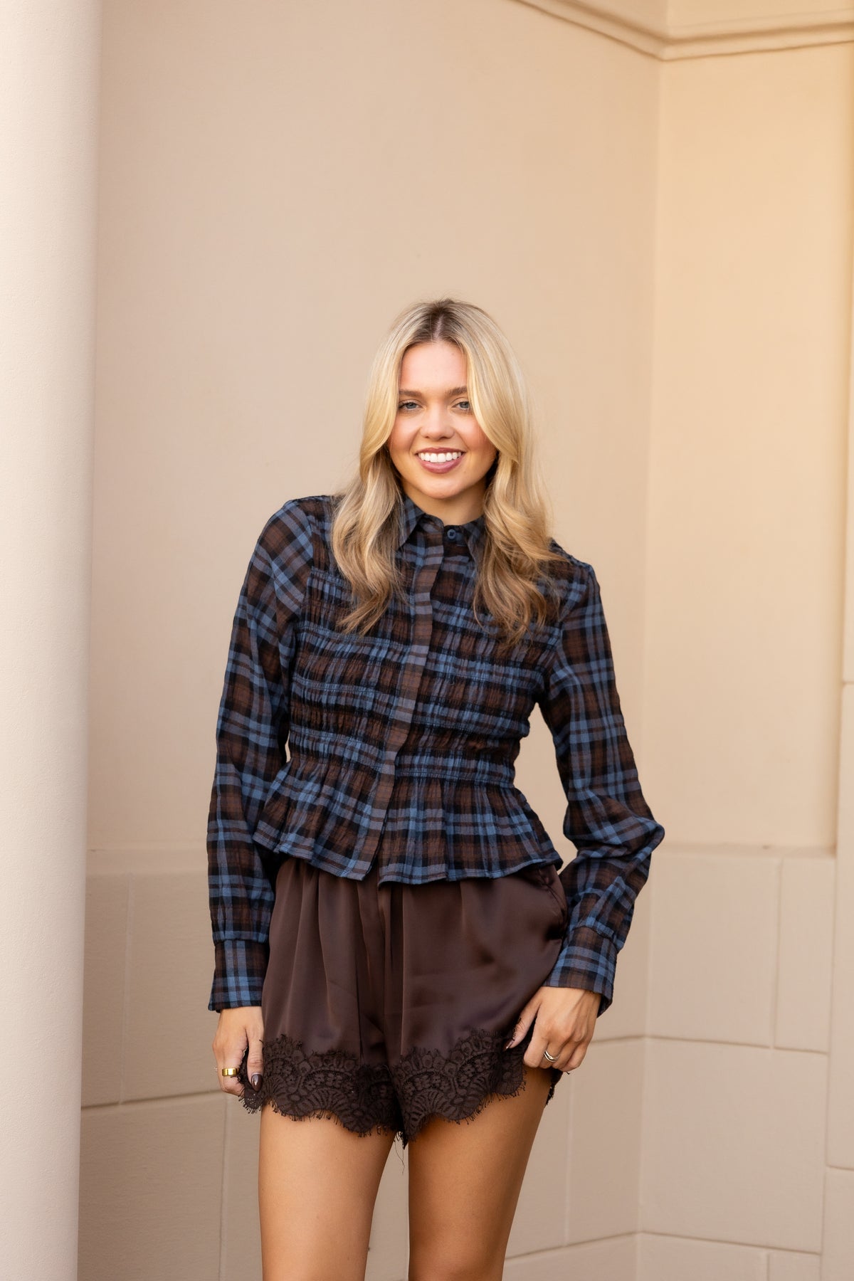 Nila Smocked Plaid Peplum Blouse