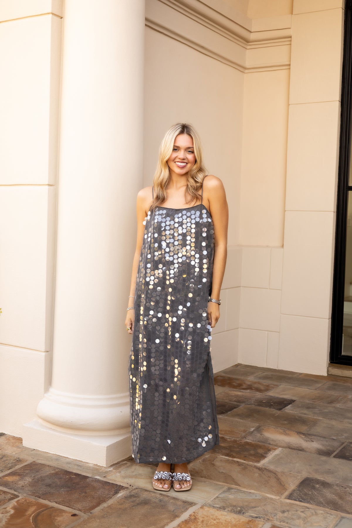 Sequin Spaghetti Strap Slip Midi Dress - Grey