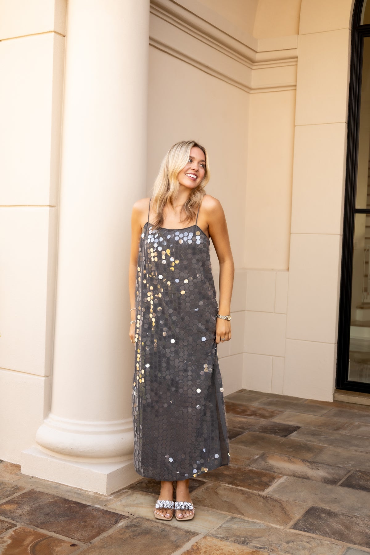 Sequin Spaghetti Strap Slip Midi Dress - Grey