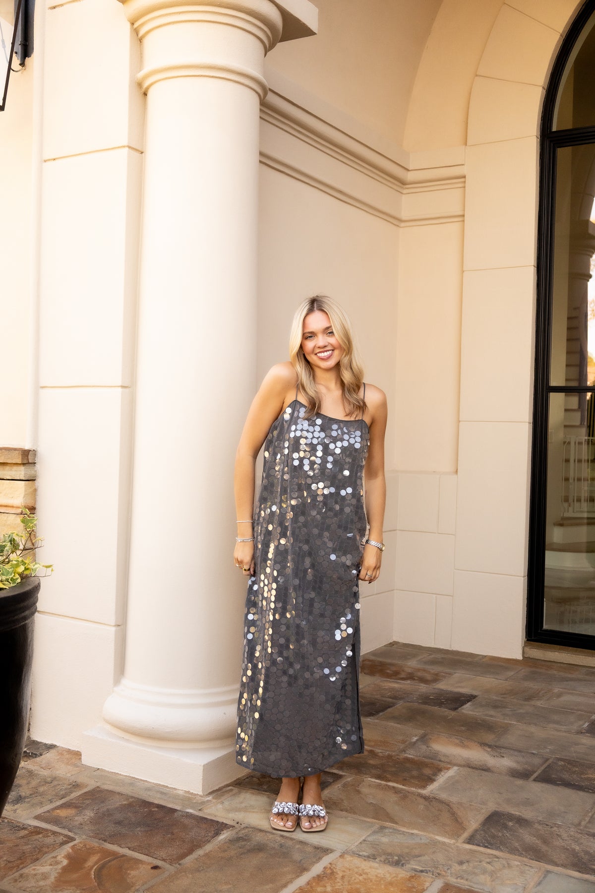 Sequin Spaghetti Strap Slip Midi Dress - Grey