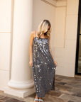 Sequin Spaghetti Strap Slip Midi Dress - Grey