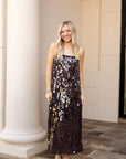Sequin Spaghetti Strap Slip Midi Dress - Dark Brown