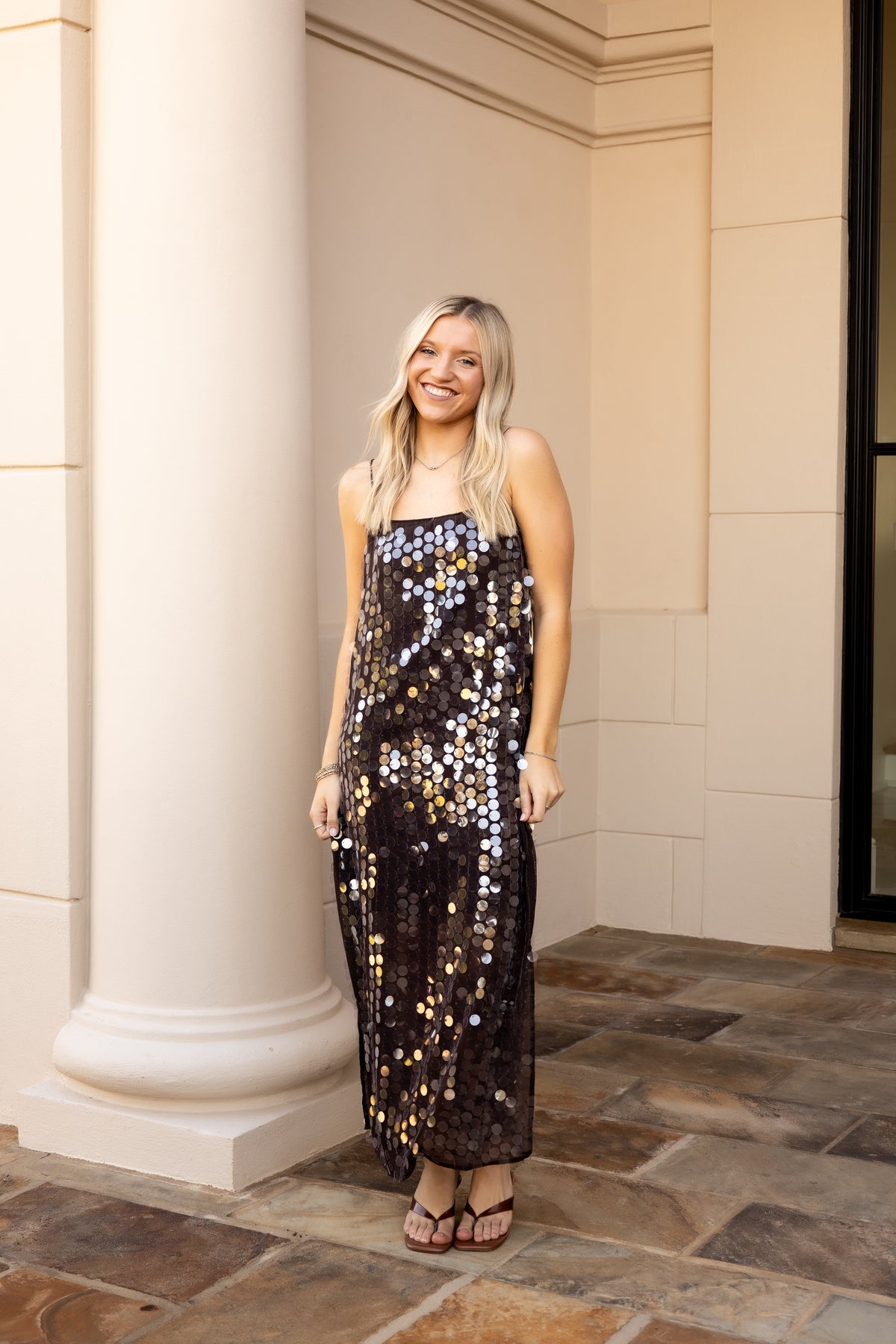 Sequin Spaghetti Strap Slip Midi Dress - Dark Brown