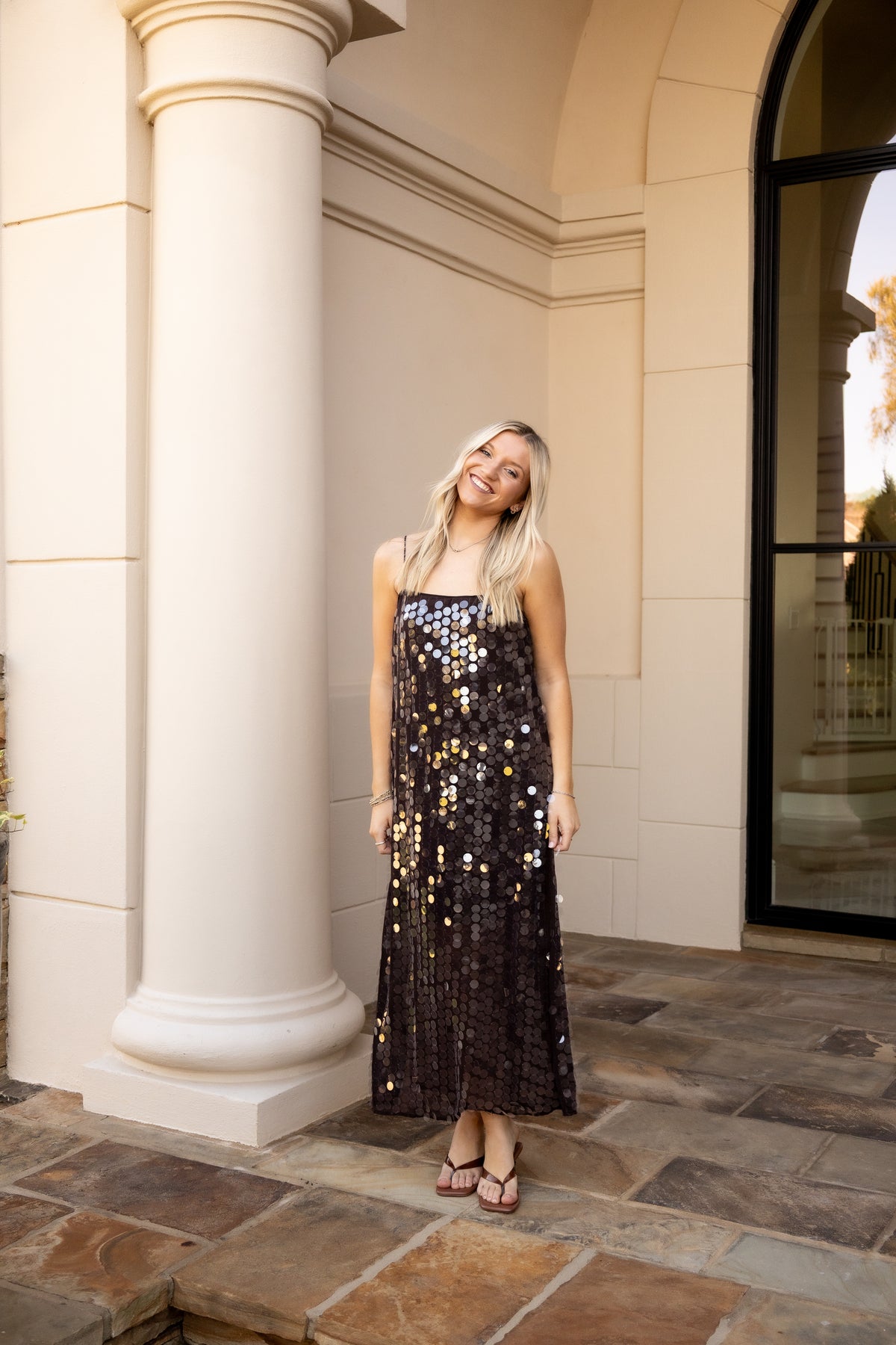 Sequin Spaghetti Strap Slip Midi Dress - Dark Brown