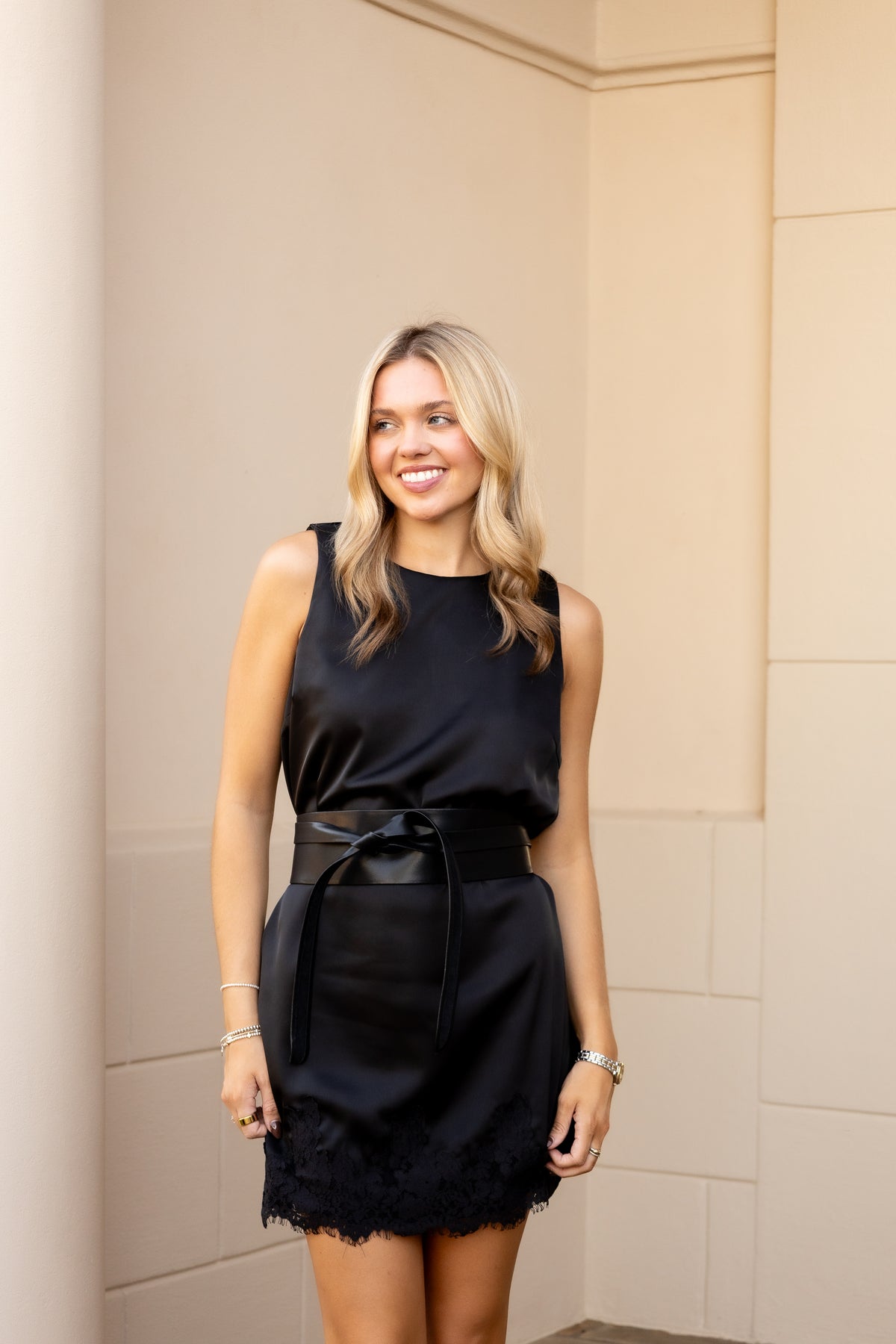 Satin Lace Hem Sleeveless Mini Dress - Black