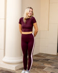 Side Contrast Block Legging - Burgundy