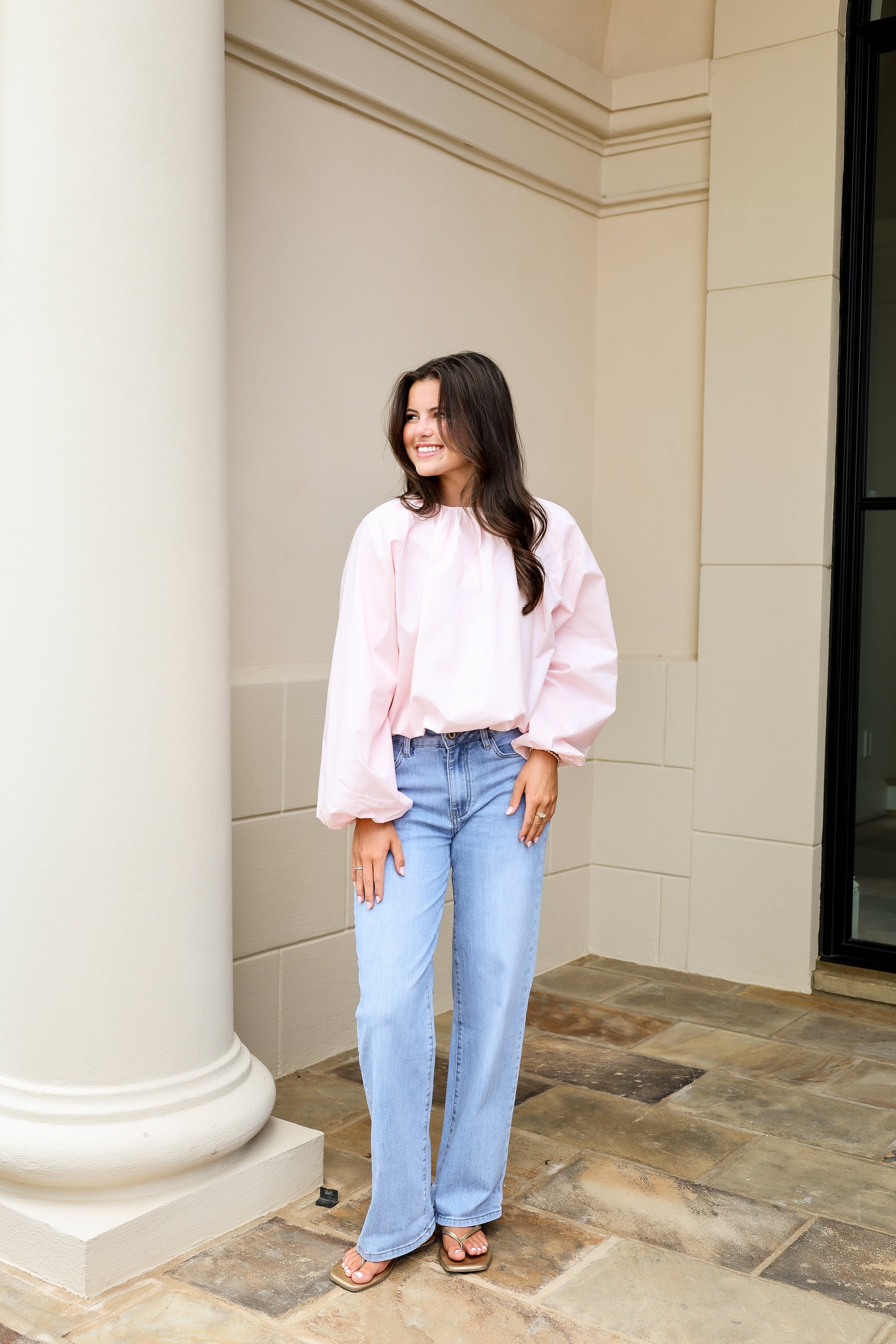 Long Sleeve Gathered Blouse - Pink