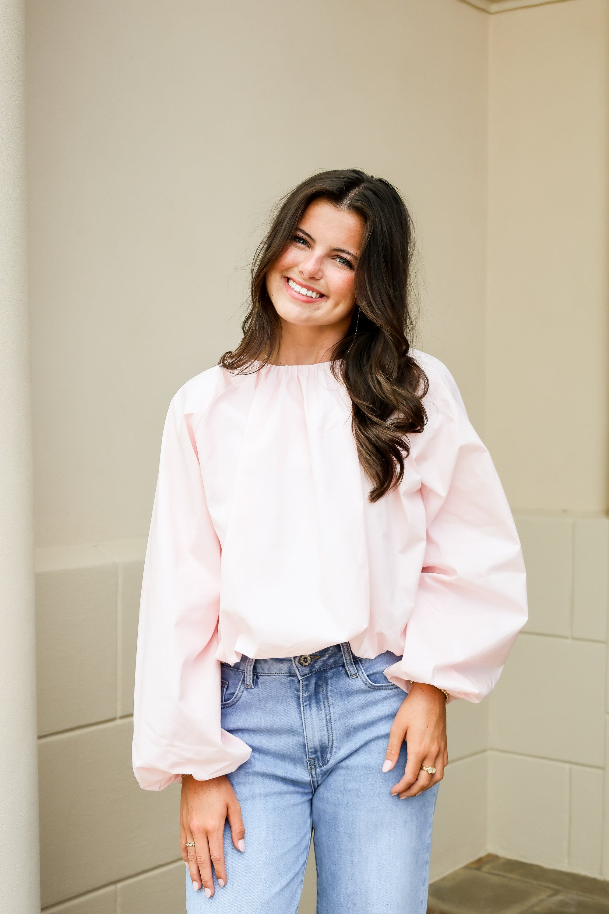 Long Sleeve Gathered Blouse - Pink