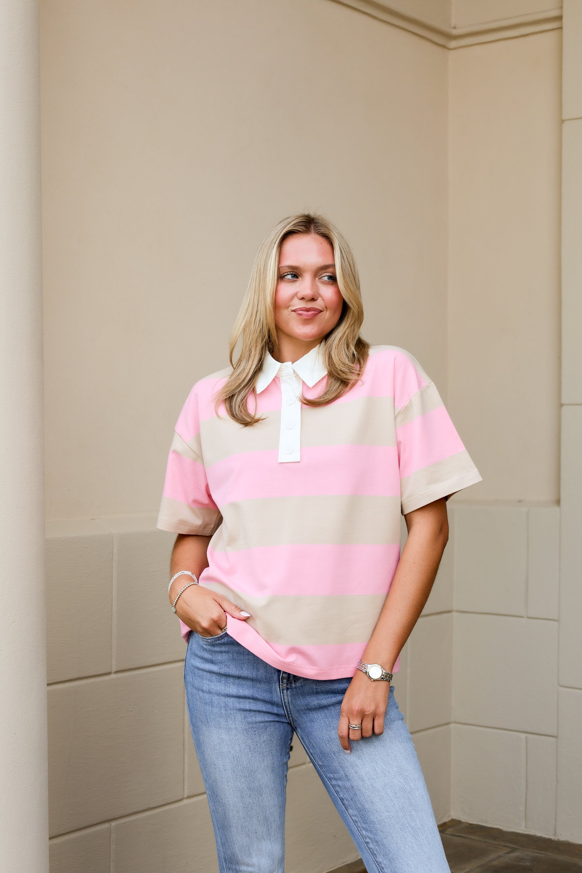 Rugby Striped Shirt - Taupe/Pink