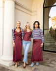 Polka Dot Lace Trim Midi Skirt - Burgundy