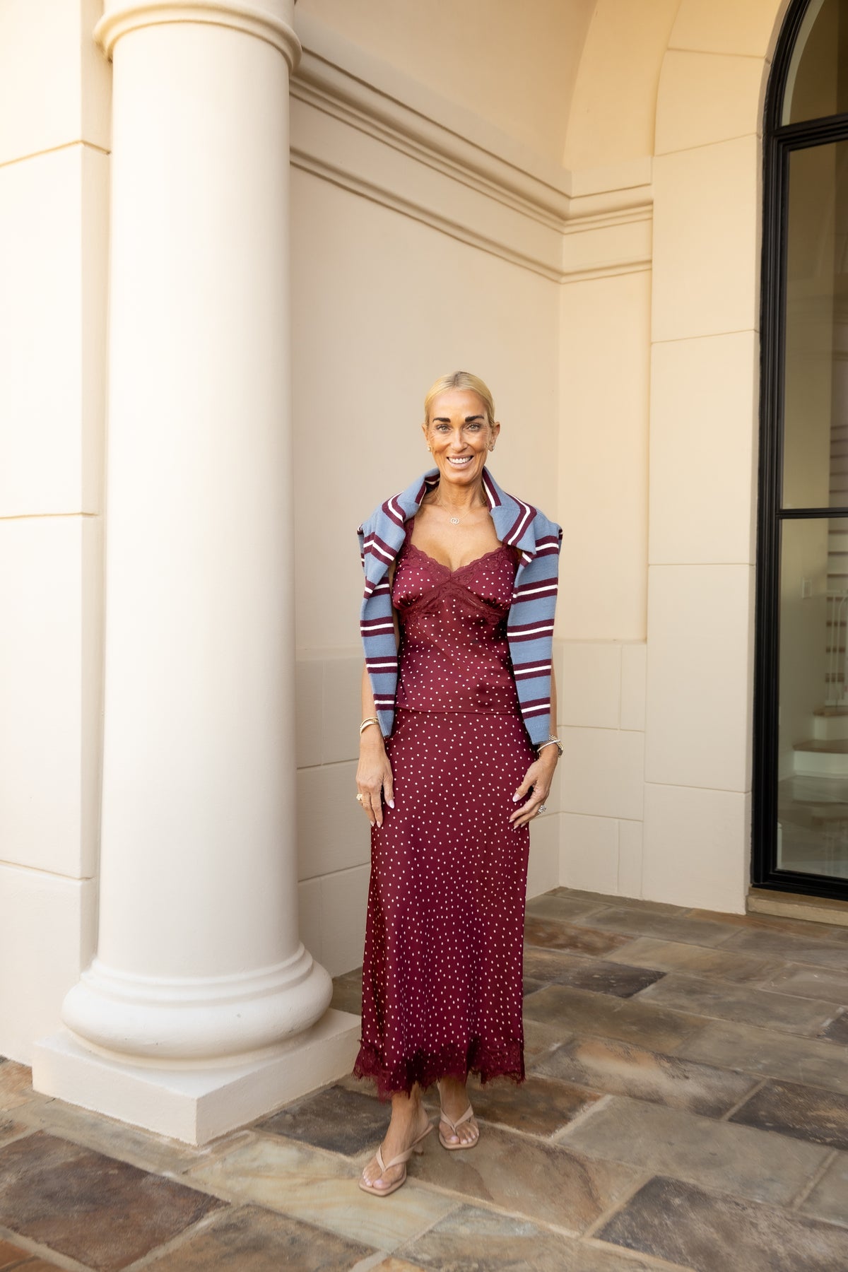 Polka Dot Lace Trim Midi Skirt - Burgundy