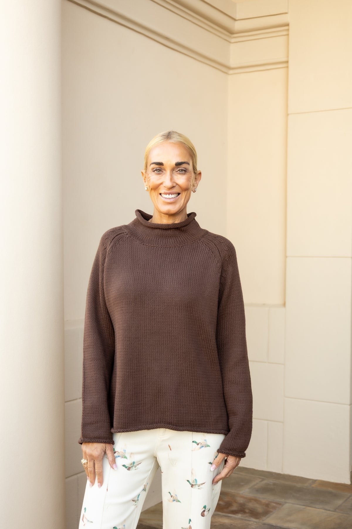 Rolled Mock Neck Knit Sweater - Brown
