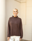 Rolled Mock Neck Knit Sweater - Brown