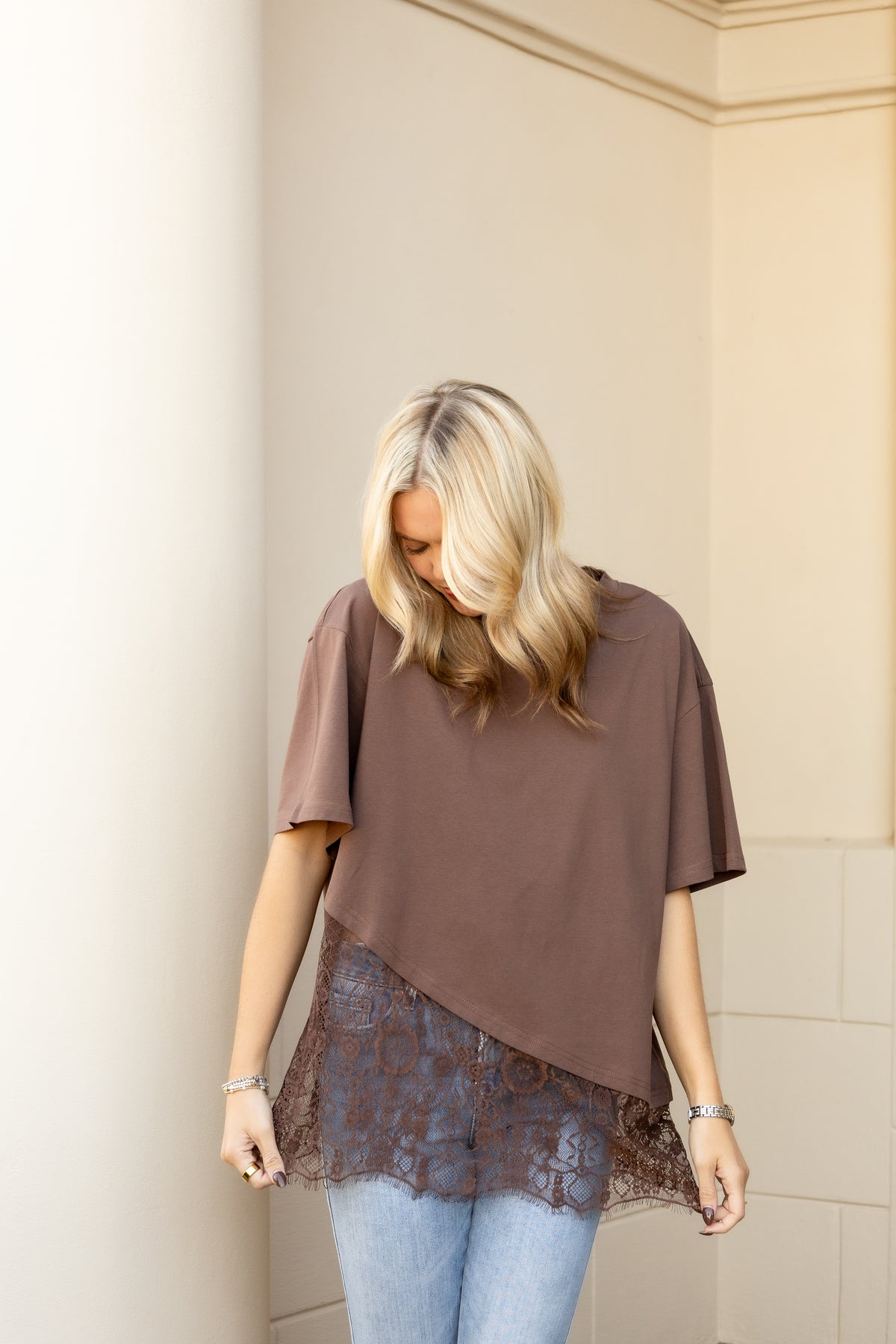 Lace Trimmed Asymmetrical T-Shirt