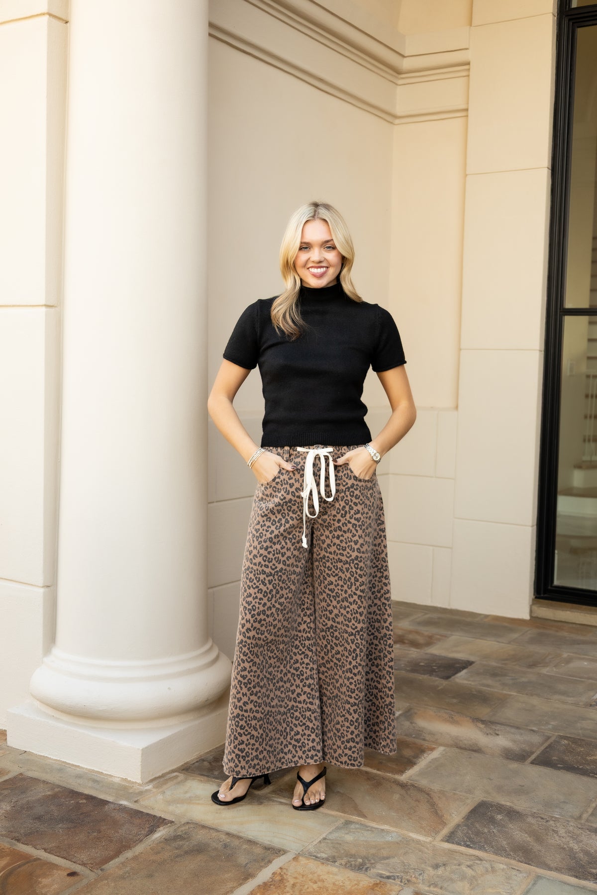 Washed Leopard Print Wide-Leg Drawstring Pants