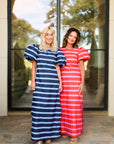 Puff-Sleeve Maxi Dress - Red/Pink