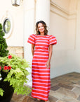 Puff-Sleeve Maxi Dress - Red/Pink