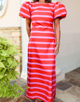Puff-Sleeve Maxi Dress - Red/Pink