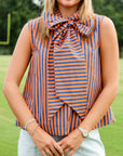 Tie Neck Sleeveless Stripe Top - Navy